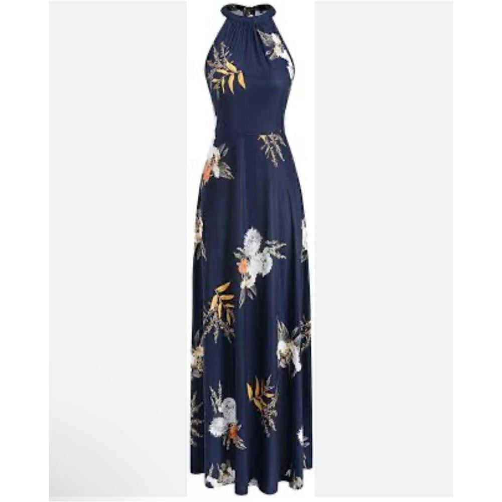 STYLEWORD Women's Off Shoulder Elegant Maxi Long Dress Navy Blue white flowers a